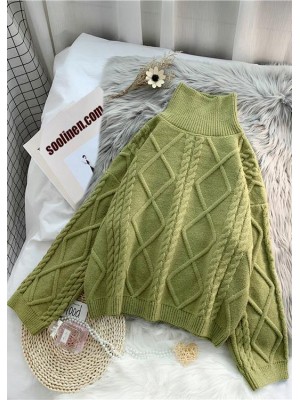 Vintage green knit sweat tops Loose fitting high neck thick knitted pullover