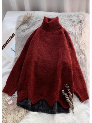 Turtleneck sweater women loose burgundy net red inner padded top