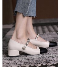 Beige Faux Leather Patchwork Casual Buckle Strap Chunky High Heels