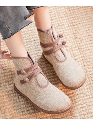 Elegant Buckle Strap Ankle Boots Khaki Comfy Cotton Fabric