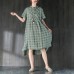 fine Midi-length cotton dress plus size clothing Lattice Summer Green Women Dress with Button