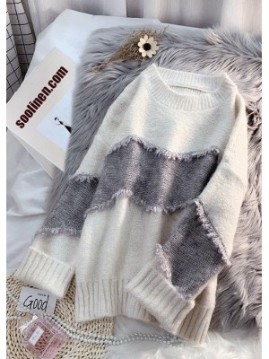 Cozy beige sweater tops fashion Loose fitting patchwork knit tops