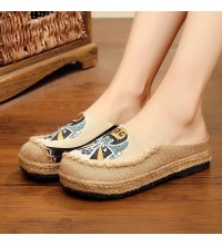 Beige Embroideried Linen Fabric Slippers Shoes Splicing